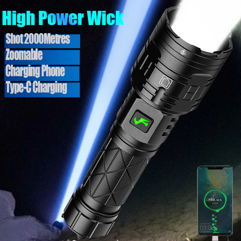 2000 Meters Long-Range White LED Tactical Flashlight 500000 High-brightness Type- C Rechargeable Searching Spotlights Lamp