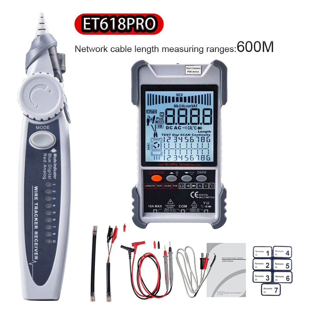 ET616/ET618/ET618PRO Network Cable Tester Multimeter LCD Display with Backlight Analogs Digital Search POE Test Cable Pairing