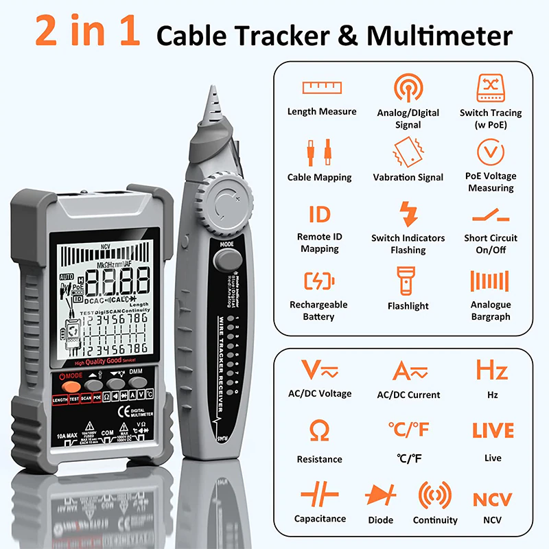 ET616/ET618 Network Cable Tester Multimeter Digital Analogs Digital Search POE Test Cable Pairing Wiremap Network Tester