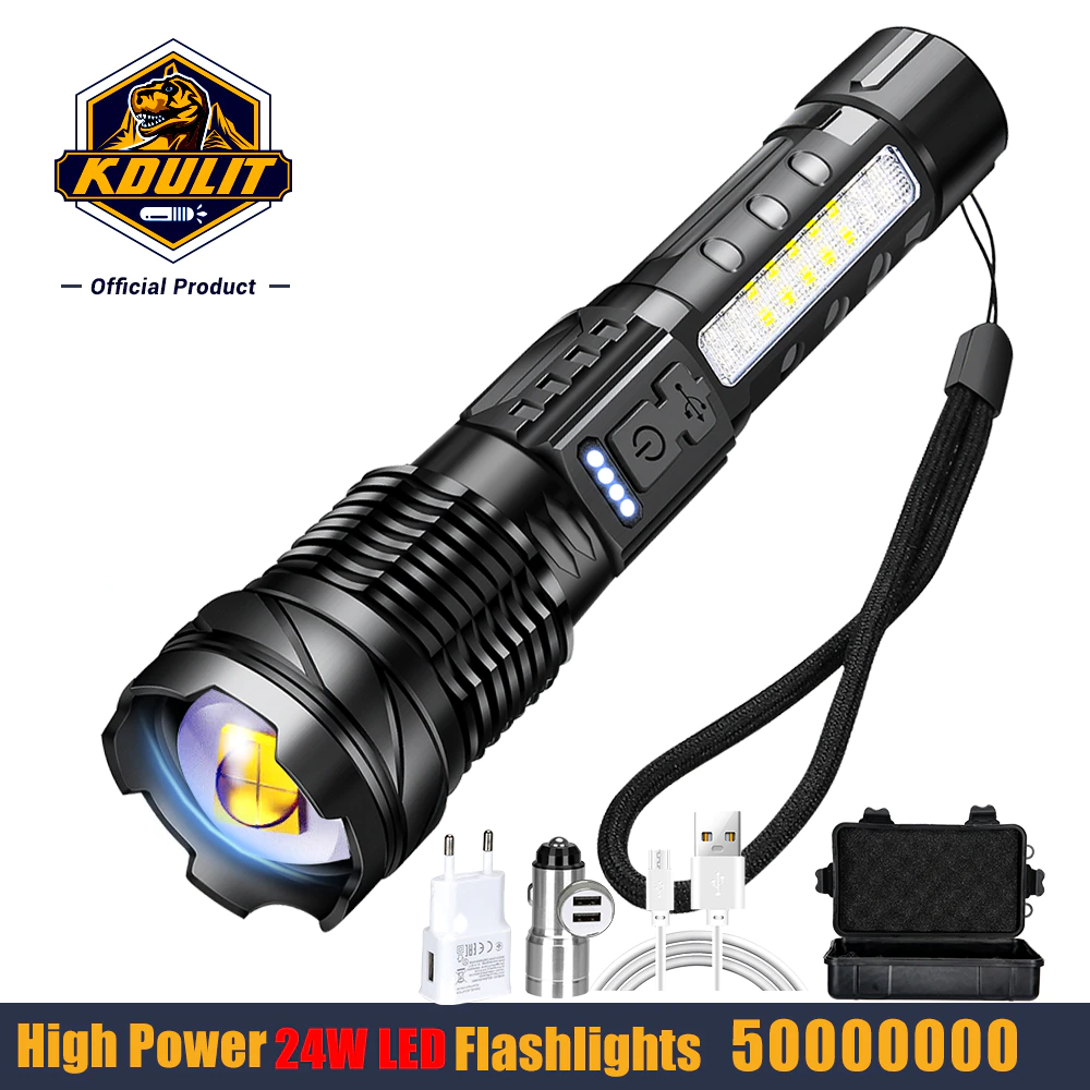 High Strong Power 24w Led Flashlights 50000000 Tactical Light Emergency Spotlights Telescopic Jetbeam1km 18650 Built-in Battery