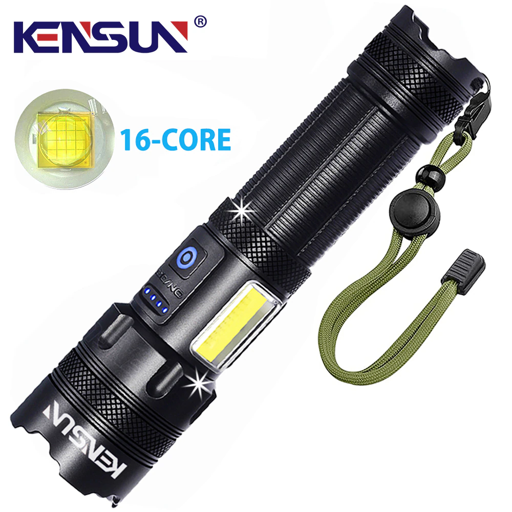 KENSUN High Power 16 Core Rechargeable Led Flashlight COB Light XHP160 Torch Zoom 7 Modes Usb Lantern For Camping,Work,Emergency