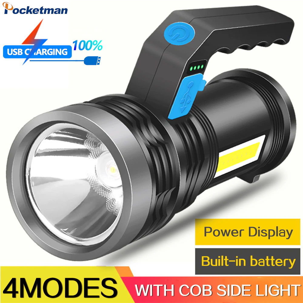 Super Bright Handheld LED Flashlight 4 Lighting Modes USB Rechargeable Flashlights Work Light COB Side Light Torch New Arrival