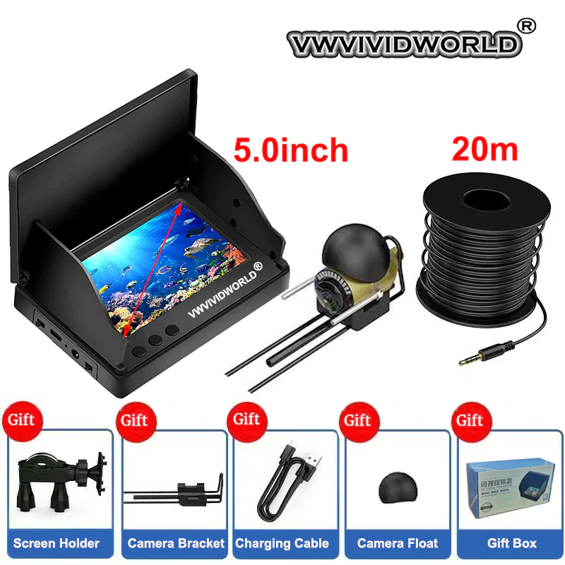 VZb Fish Finder LCD 5.0/4.3 Inch Display Underwater 220° Fishing Camera Waterproof IPS 1080P 9 Hours Endurance Night Vision