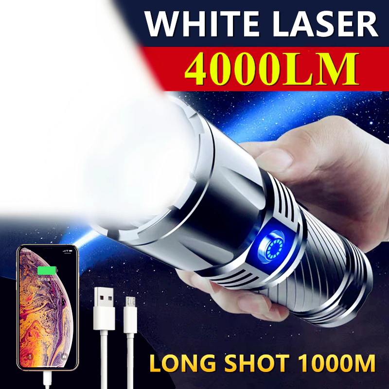 White Laser Powerful Flashlight LED 1000 Meter 18650 Battery Pack TYPE-C Rechargeable Zoomable Tactical Military Search Torch post thumbnail image