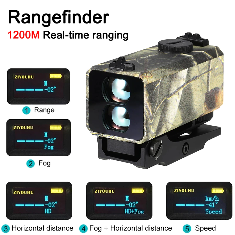 ZIYOUHU 1200m Tactical Real-time Laser Rangefinder Mount on Rifle Shooting Distance Speed Measurer for Outdoor Hunting