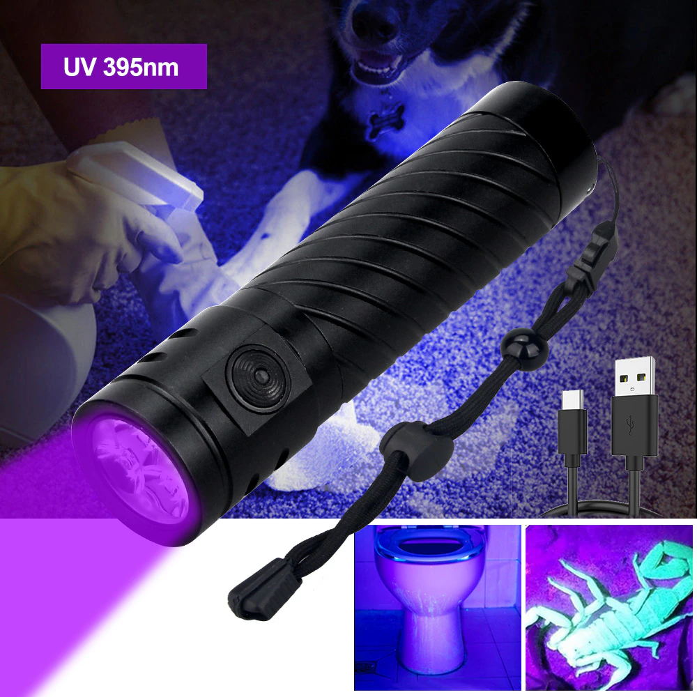 395nm Mini Purple Flashlight 3*LED Type-C Charging UV Torch 5 Modes Ultraviolet Lamp Scorpion Detection Light