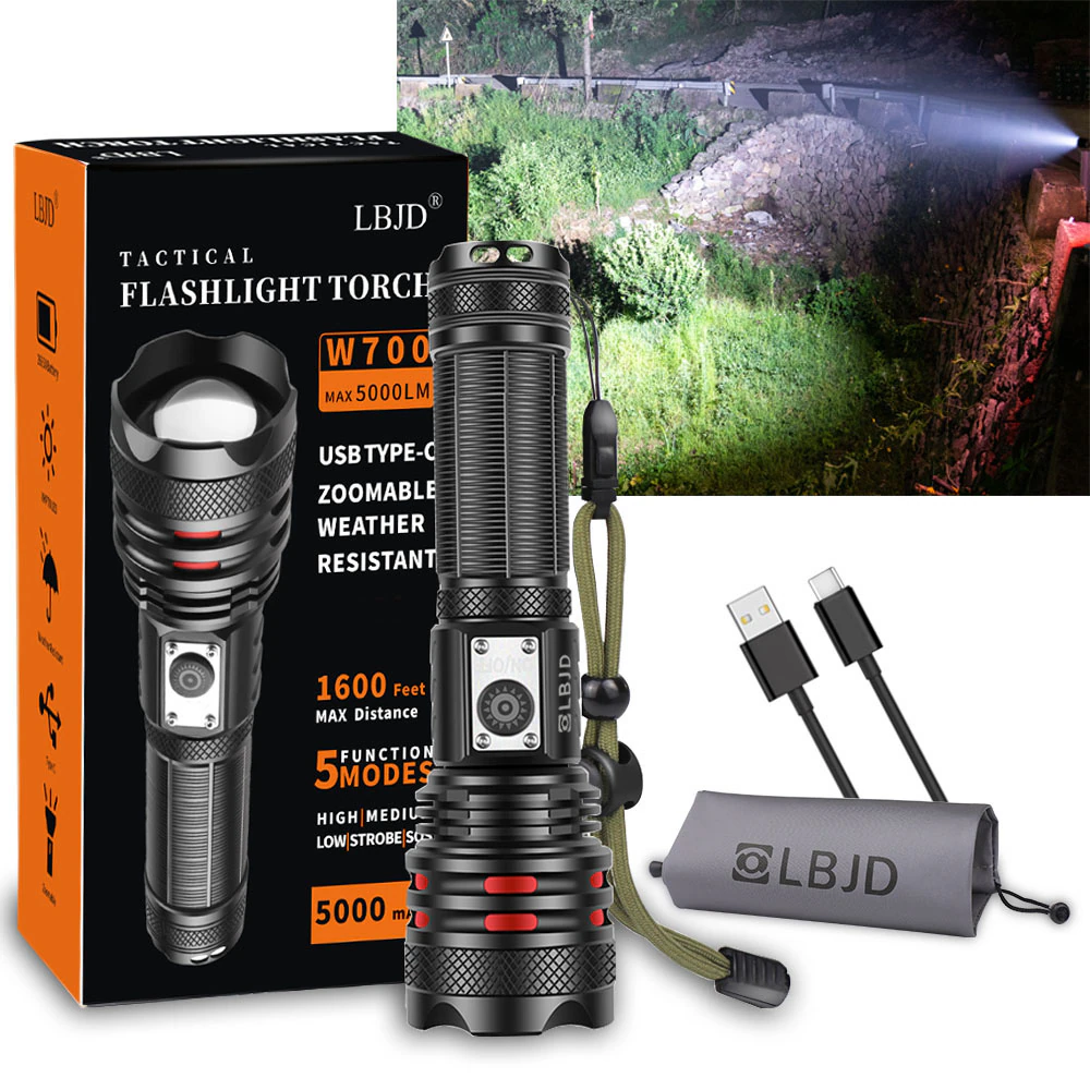 LED Bright Flashlight Rechargeable, LBJD Zoomable Tactical Flashlights, 5000 Lumens Super Bright XHP70 Torch with USB C