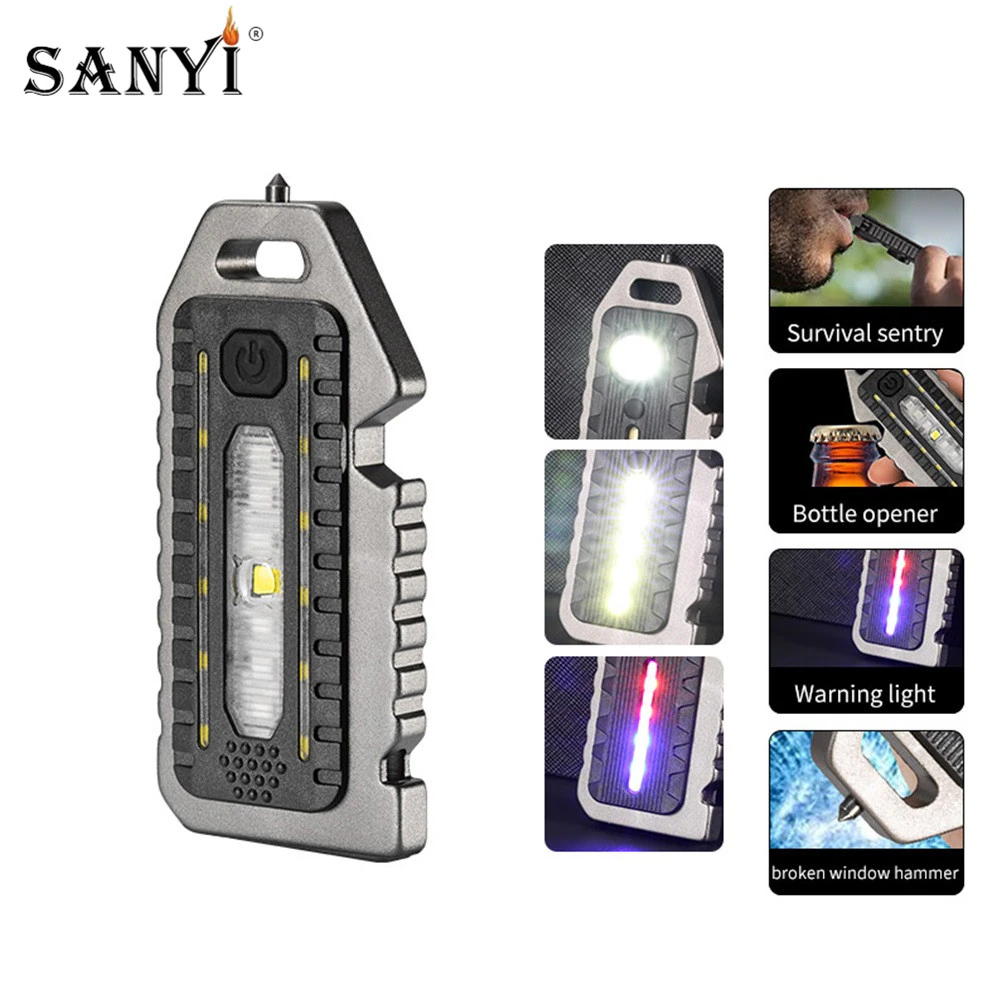 Mini LED Flashlight USB Rechargeable LED Light Keychain Work Light Small Pocket Light Corkscrew Whistle Emergency Lighting