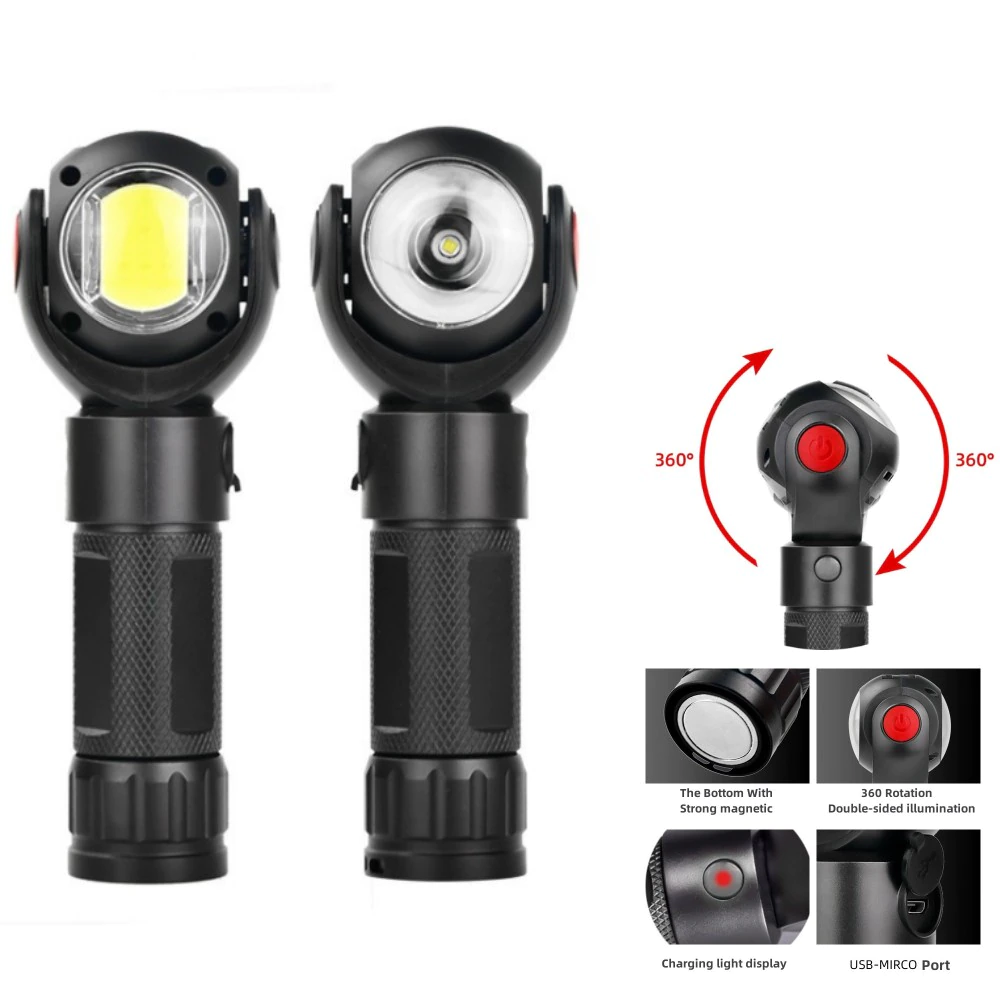 New Head 360 ° Free Rotation LED COB Light Built In Battery T6 Led Flashlight Torch Lamp Lantern 500Lumen Magnetic Work Lights