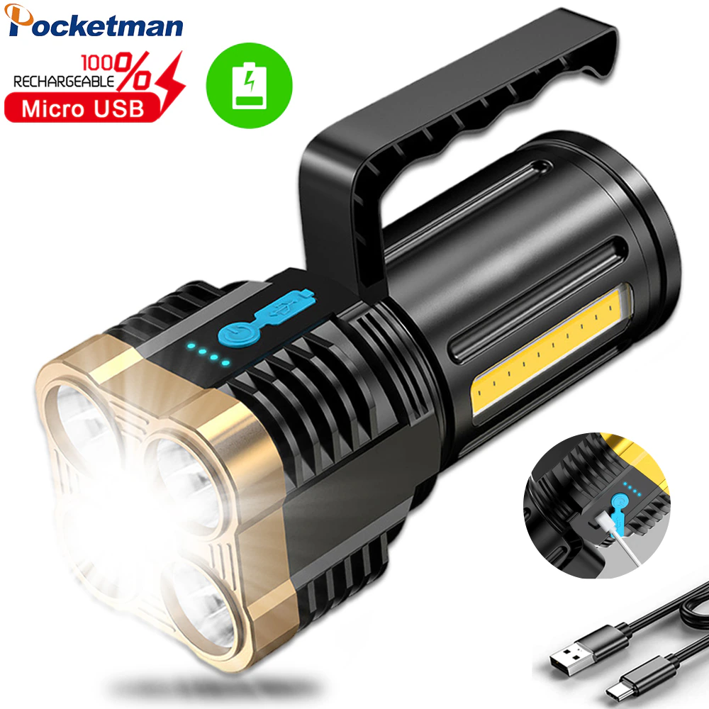 Powerful 5 LED Flashlight with COB Side Light 4 Modes USB Rechargeable Torch Camping Waterproof Flashlight Built In Battery