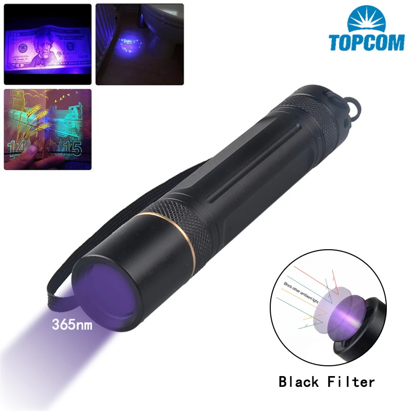 TOPCOM Portable 365nm LED UV Flashlight 3W or 5W LED Ultraviolet Light With Black Filter Lens For Pet Urine Stains Detector