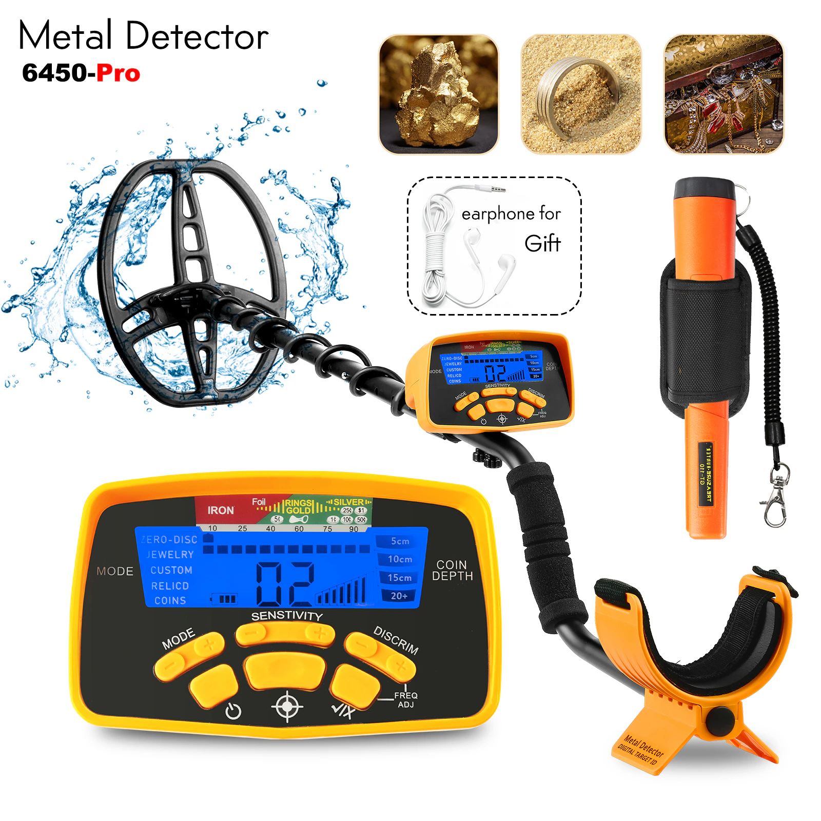 Underground Metal Detector 6450 for Treasure Search Waterproof Adjustable Tracker Detector De Metales Pinpointing Gold Circuit